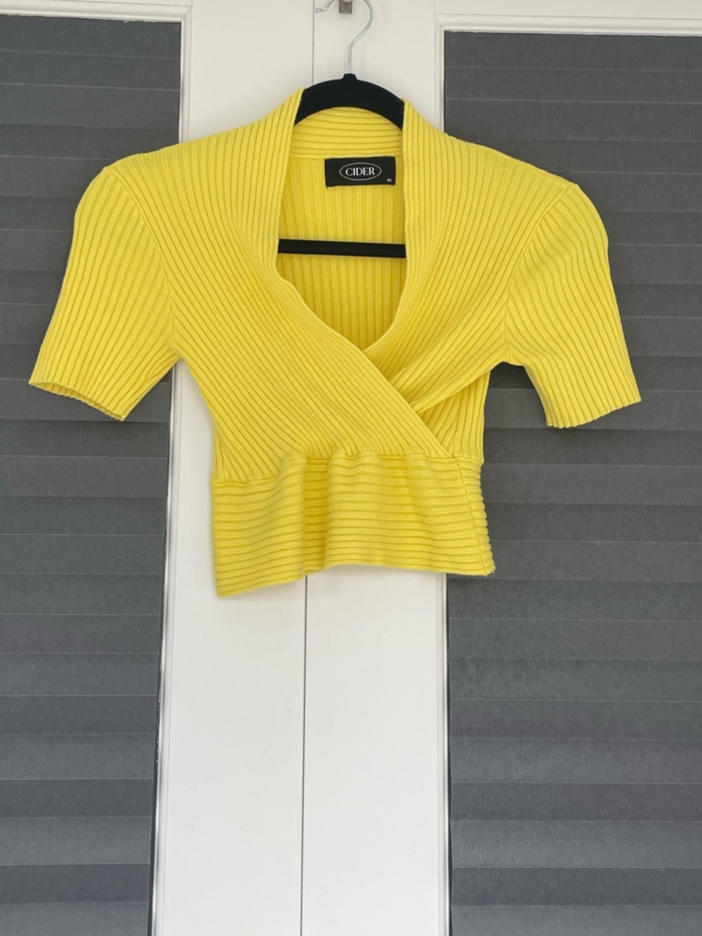 Cider Yellow Ribbed Wrap-Front Short Sleeve Top